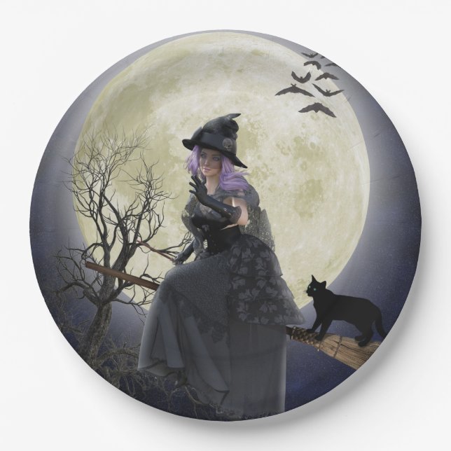 Halloween Witch, Black Cat, Bats and Full Moon  Paper Plate (Front)