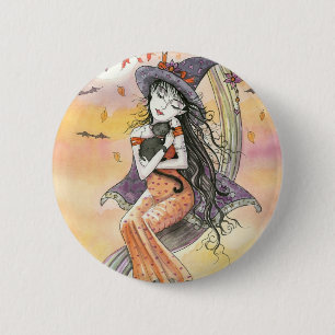 Halloween Witch Black Cat Button Pin