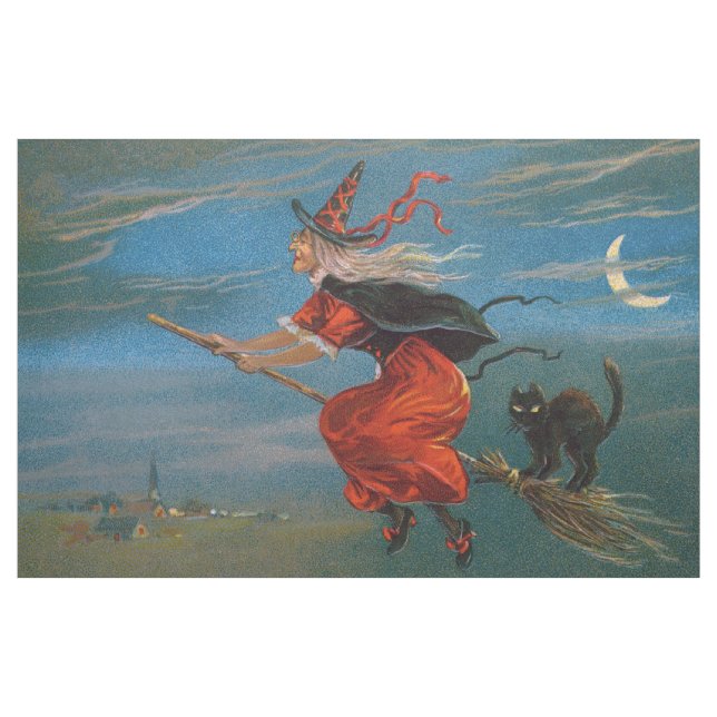 Hallowe'en Witch & Black Cat on Halloween Night  Fabric (Yard)