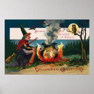 Halloween witch black cat owl party decor poster
