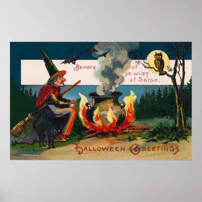 Halloween witch black cat owl party decor poster (Front)