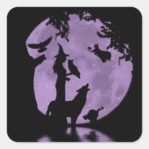 Halloween Witch, Black Cat, Owl, Raven and Wolf Square Sticker