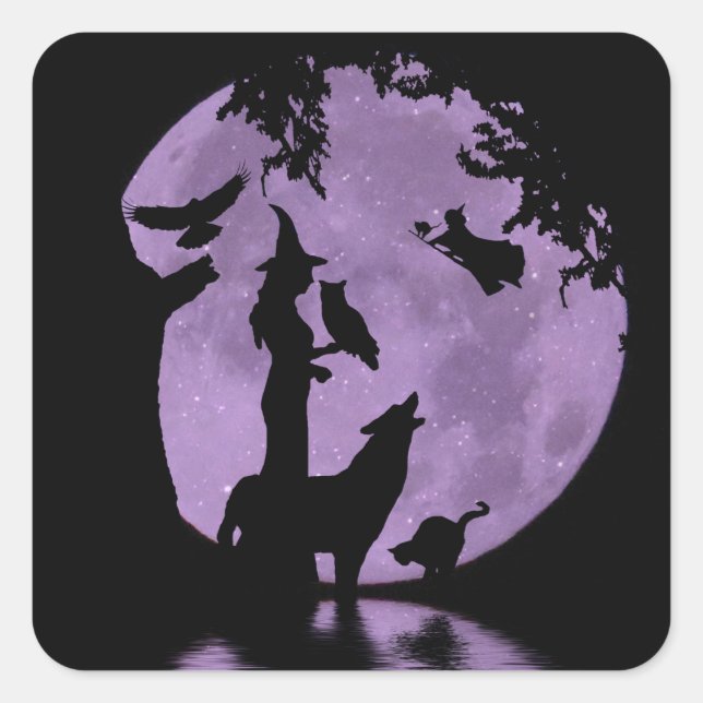 Halloween Witch, Black Cat, Owl, Raven and Wolf Square Sticker (Front)