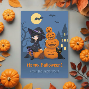 Halloween Witch, Black Cat, Pumpkins from Family Holiday Card