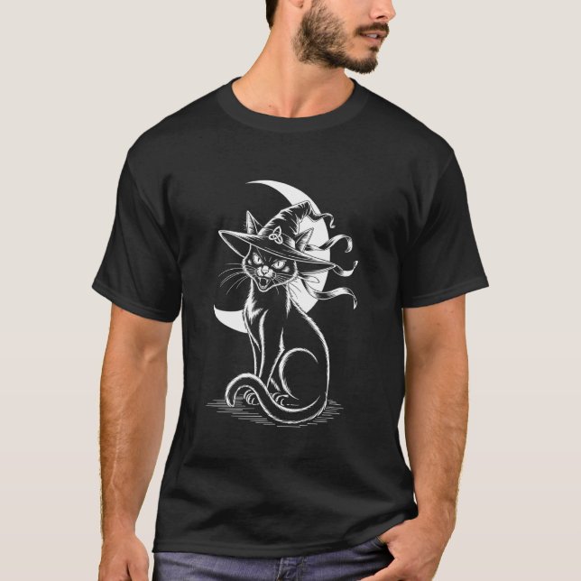 Halloween Witch Black Cat T-Shirt (Front)