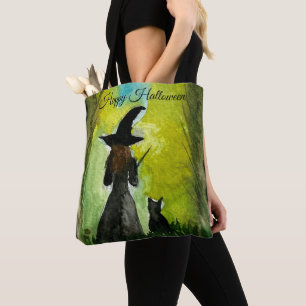 Halloween Witch Black Cat Watercolor Modern Tote Bag