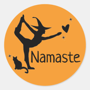 Halloween Witch Black Cat Yoga Namaste Orange Cute Classic Round Sticker