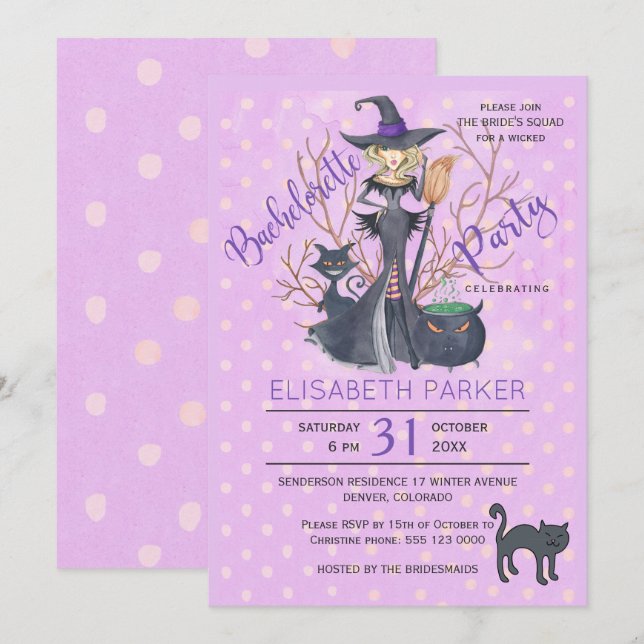 Halloween witch black cats bachelorette party invitation (Front/Back)