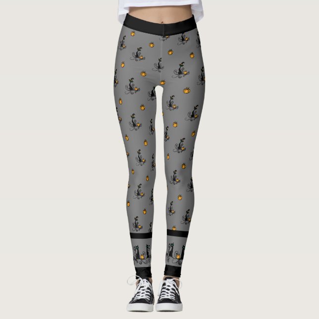 Halloween Witch Black Cats - Grey Leggings (Front)