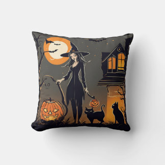 Halloween witch black cats haunted house bats cushion