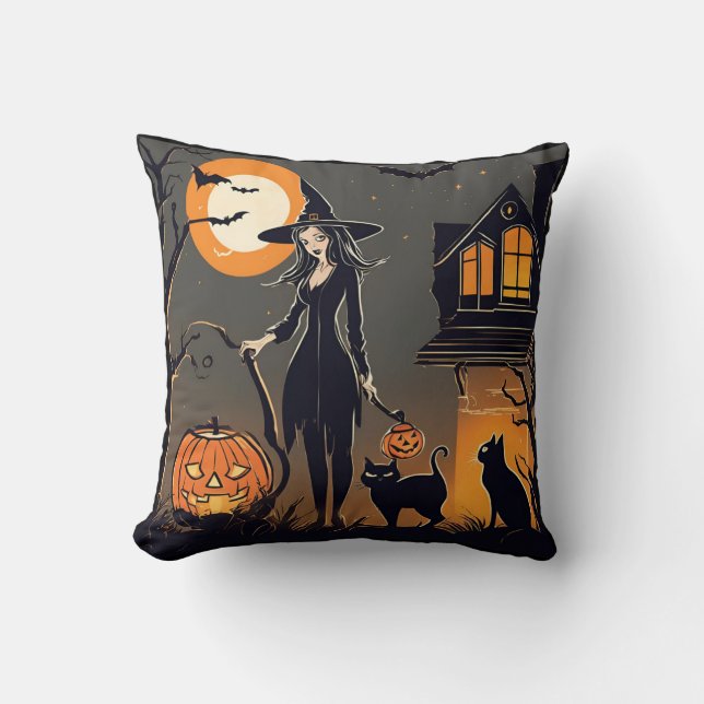 Halloween witch black cats haunted house bats cushion (Front)