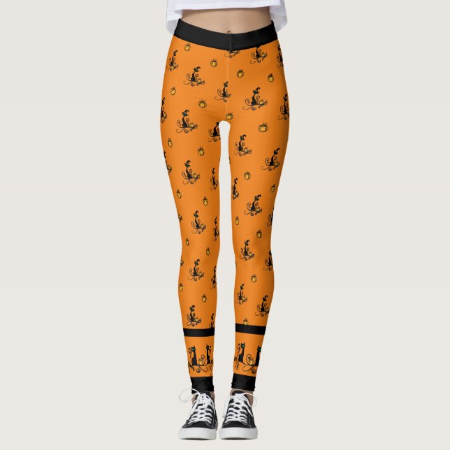 Halloween Witch Black Cats - Orange Leggings (Front)