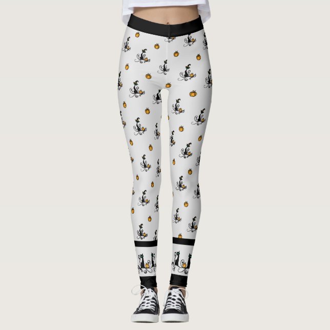 Halloween Witch Black Cats - White Leggings (Front)