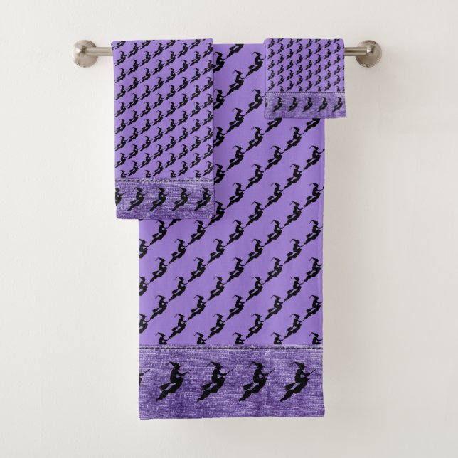 Halloween Witch Black Silhouette Pattern on Purple Bath Towel Set (Insitu)