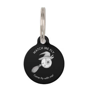 Halloween witch broom and scary eyeball pet tag