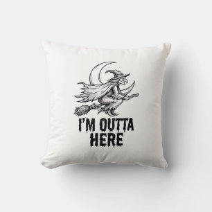 Halloween Witch Broom Funny Vintage Engraving Desi Cushion