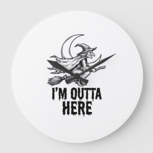 Halloween Witch Broom Funny Vintage Engraving Desi Large Clock