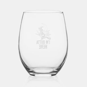Halloween Witch Broom Funny Vintage Engraving Desi Stemless Wine Glass