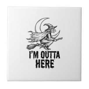 Halloween Witch Broom Funny Vintage Engraving Desi Tile