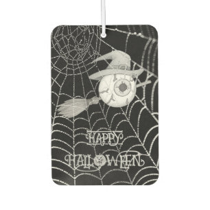 Halloween witch broom, scary eyeball, spider web car air freshener