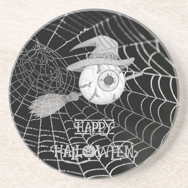 Halloween witch broom, scary eyeball, spider web coaster (Front)