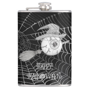 Halloween witch broom, scary eyeball, spider web hip flask