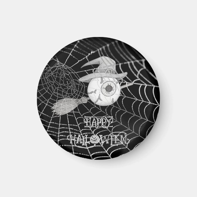 Halloween witch broom, scary eyeball, spider web magnet (Front)