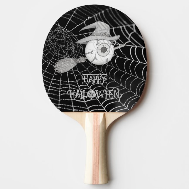 Halloween witch broom, scary eyeball, spider web ping pong paddle (Front)