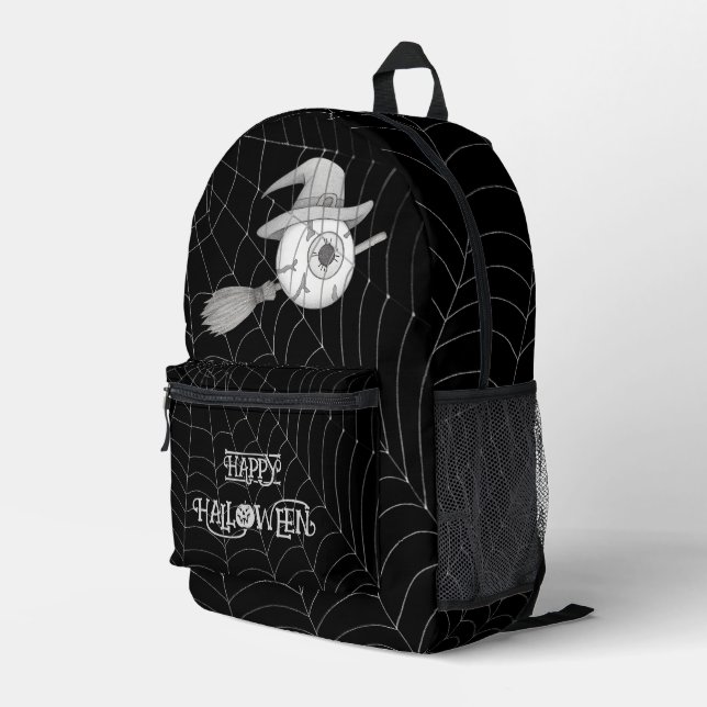 Halloween witch broom, scary eyeball, spider web printed backpack (Back Corner Right)
