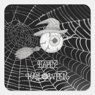 Halloween witch broom, scary eyeball, spider web square sticker