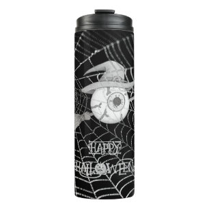 Halloween witch broom, scary eyeball, spider web thermal tumbler