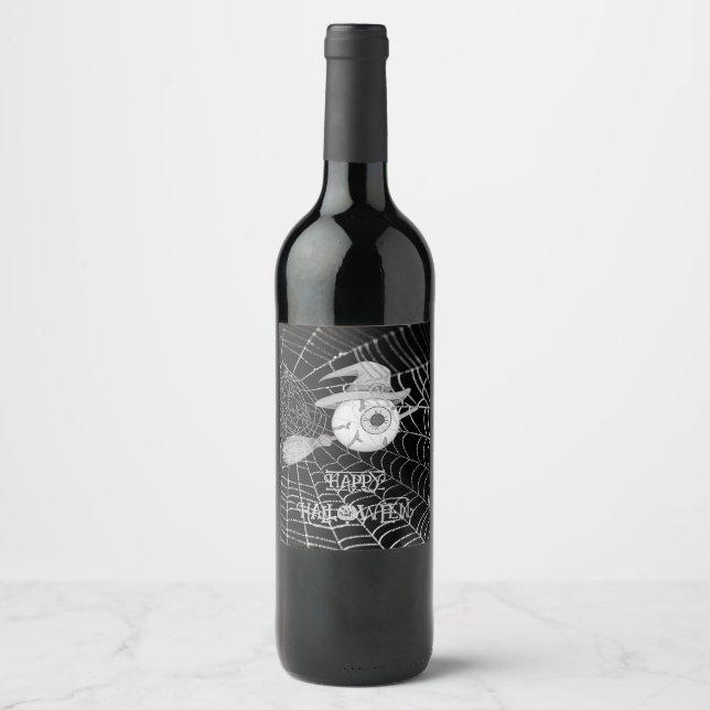 Halloween witch broom, scary eyeball, spider web wine label (Front)