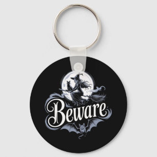 Halloween Witch Broomstick Black Cat Moon Graphic Key Ring