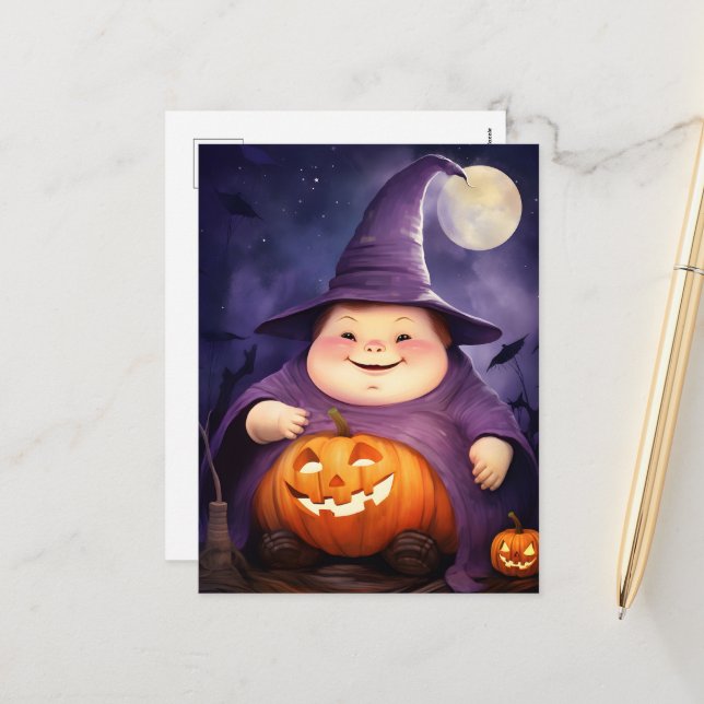 Halloween Witch Cartoon Character Illustration Holiday Postcard (Front/Back In Situ)