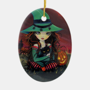Halloween Witch Cat and Jack-o-Lantern Ornament