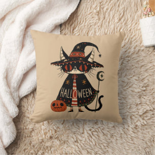 Halloween Witch Cat and Pumpkin Cushion