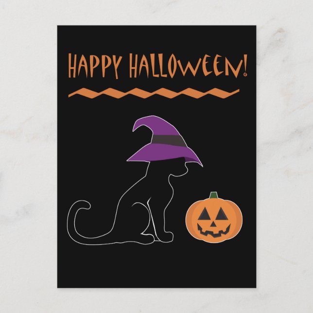 Halloween Witch Cat and Pumpkin Postcard (Front)