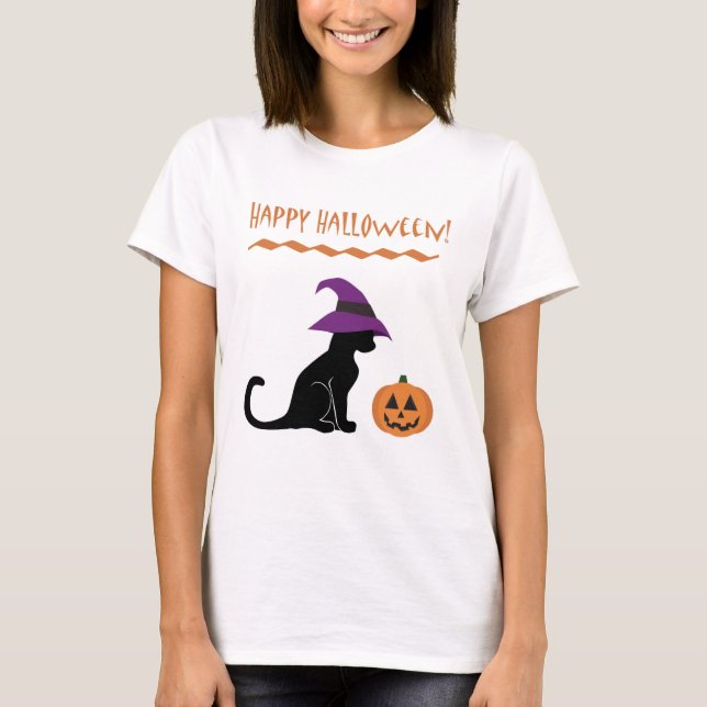 Halloween Witch Cat and Pumpkin T-Shirt (Front)