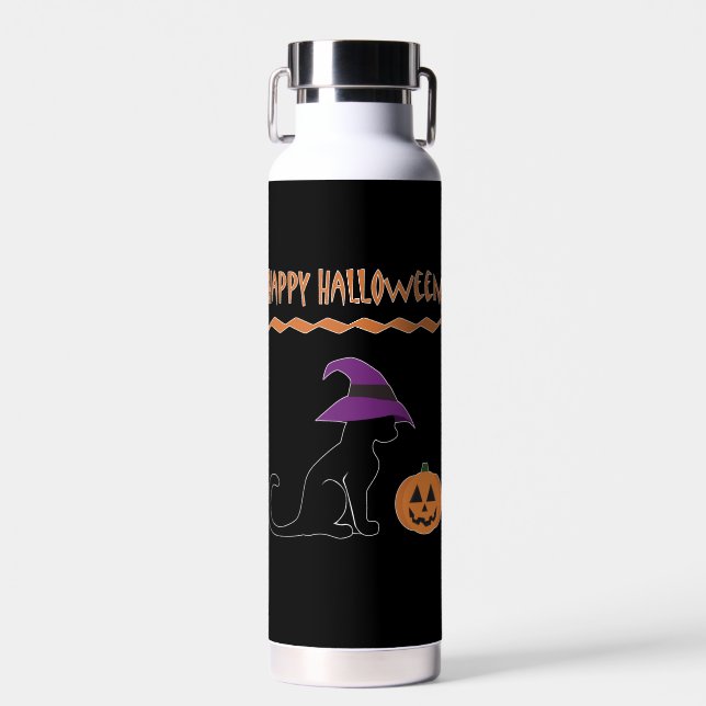 Halloween Witch Cat and Pumpkin Water Bottle (Front)