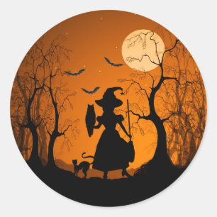 Halloween Witch Cat Bats and Moon Classic Round Sticker