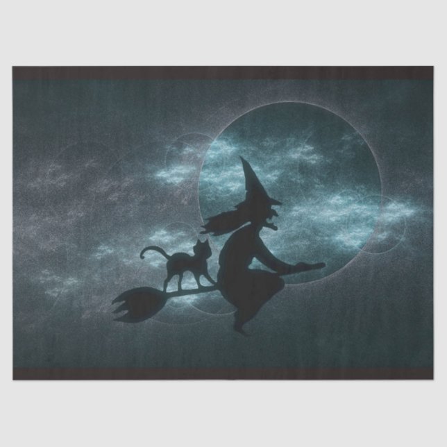 Halloween Witch Cat Broom Moon Clouds  Tissue Paper (Front)