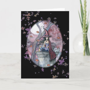 Halloween Witch Cat Card Autumn Leaves