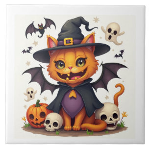 Halloween Witch Cat Ceramic Tile