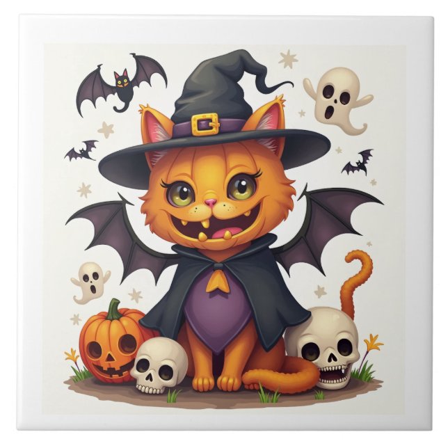 Halloween Witch Cat Ceramic Tile (Front)