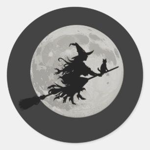 Halloween Witch Cat Flying Across a Full Moon Classic Round Sticker