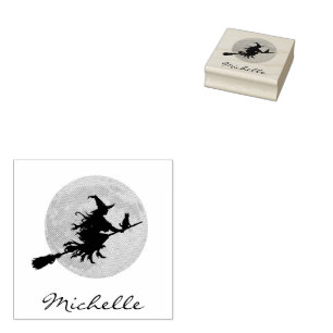 Halloween Witch Cat Flying Across a Full Moon      Rubber Stamp