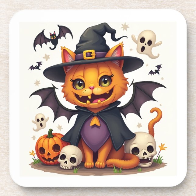 Halloween Witch Cat Hard plastic coaster (Front)