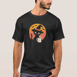 Halloween Witch Cat Holding Moon Mug with Flying B T-Shirt