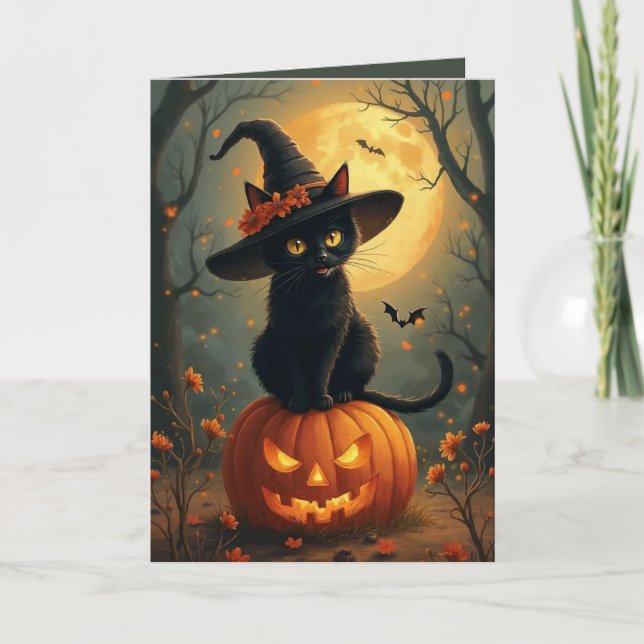 Halloween Witch Cat On A Pumpkin Card (Front)