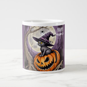 Halloween,Witch Cat On Jack O Lantern Large Coffee Mug